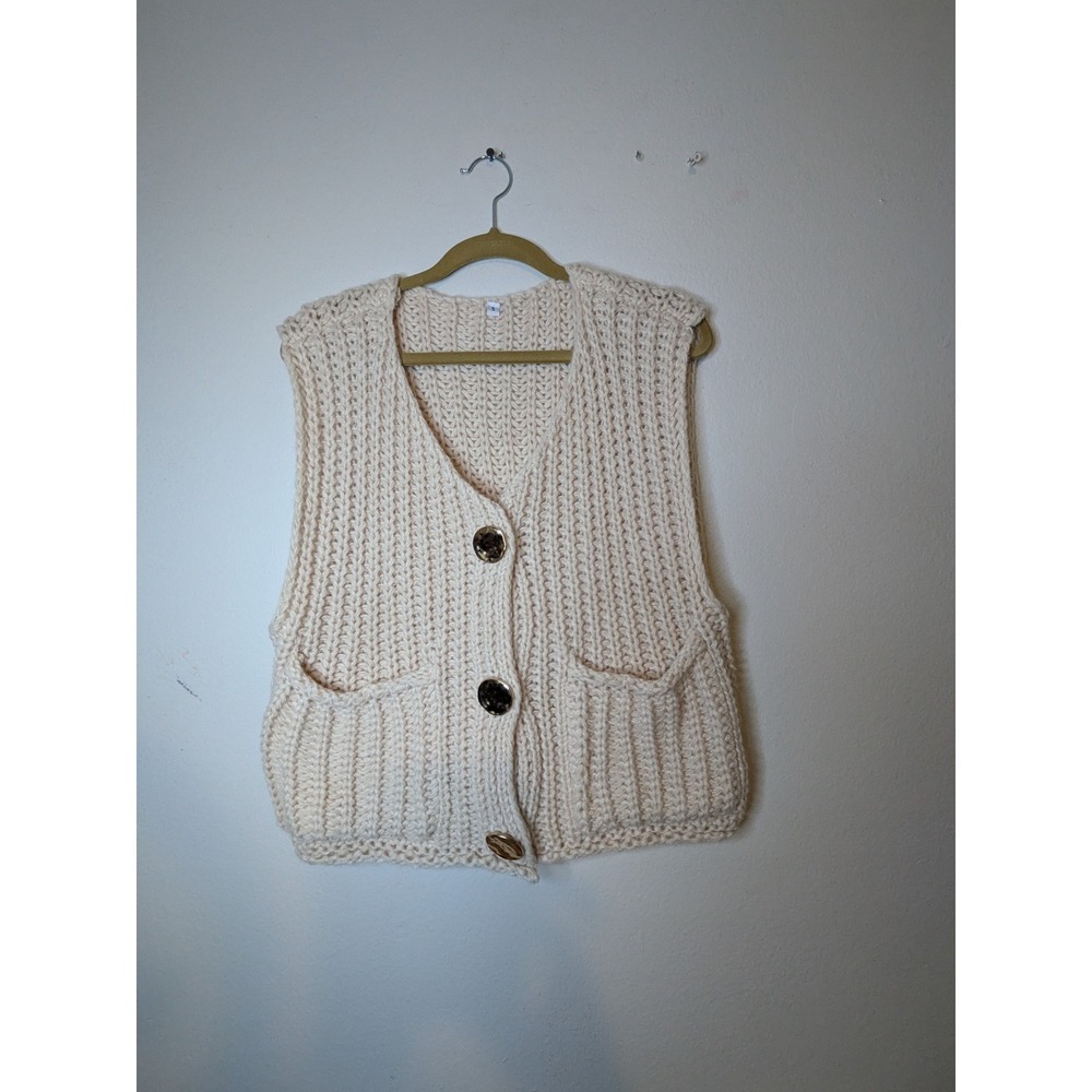 Cream Knit Button Front Vest Pockets V‎ Neck Sleeveless Chunky Knit Size S